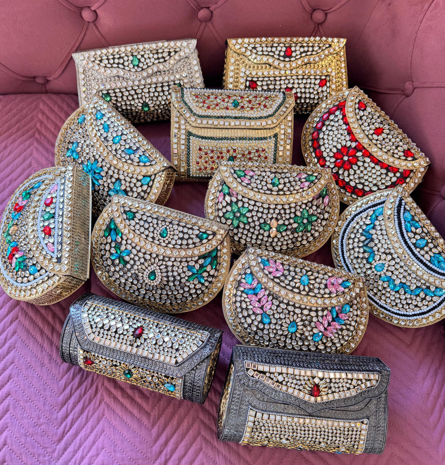 RAJSI rhinestone kundan work brass clutch long