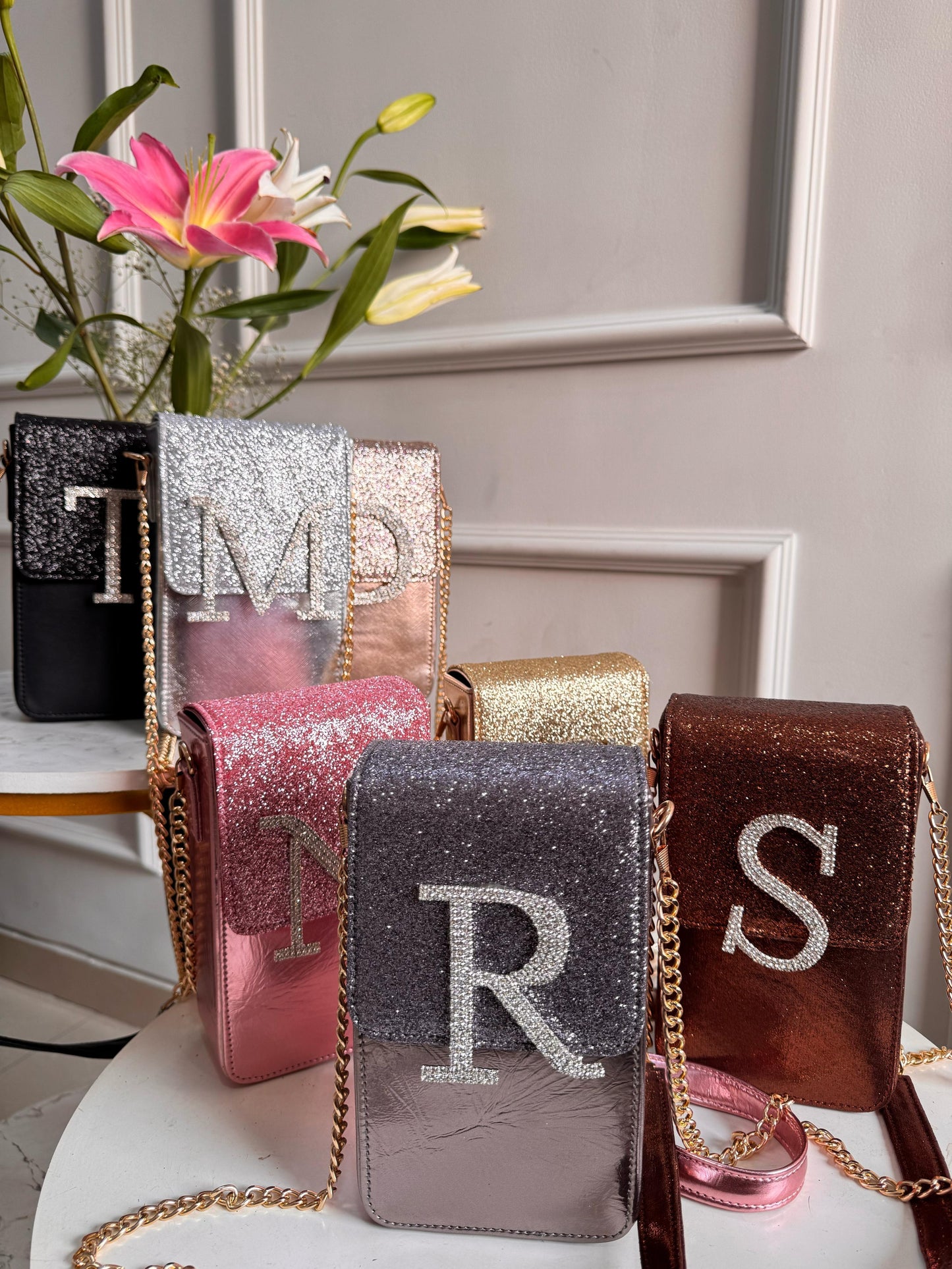 Personalized Glitter Bomb Mobile Slings - Silver