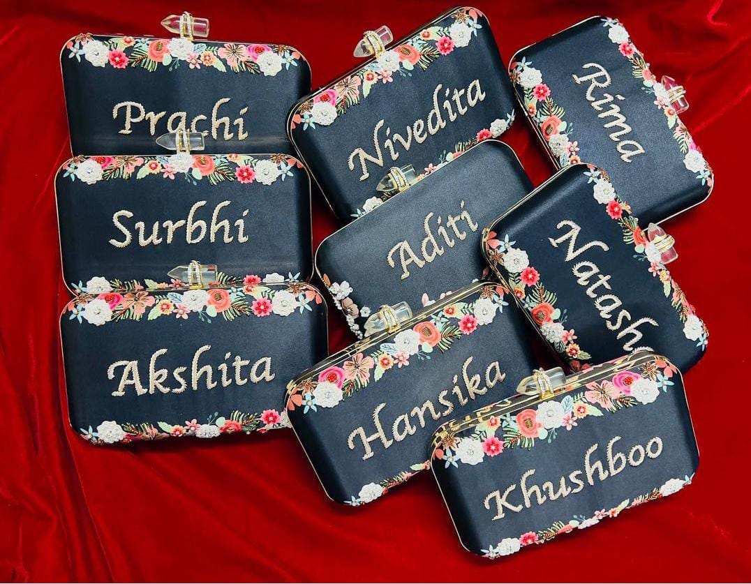 Black classy customised handwork on printed clutch
