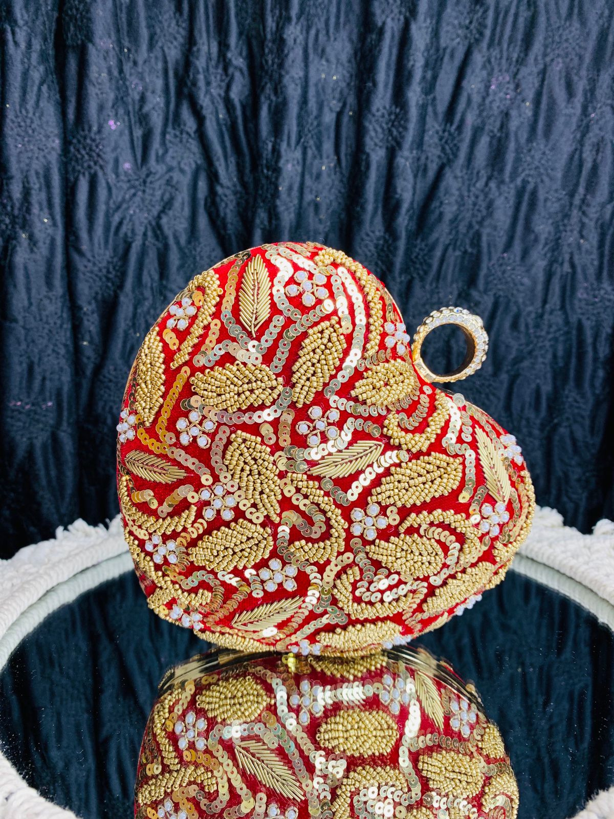 Heart shape custom name clutch with golden embroidery