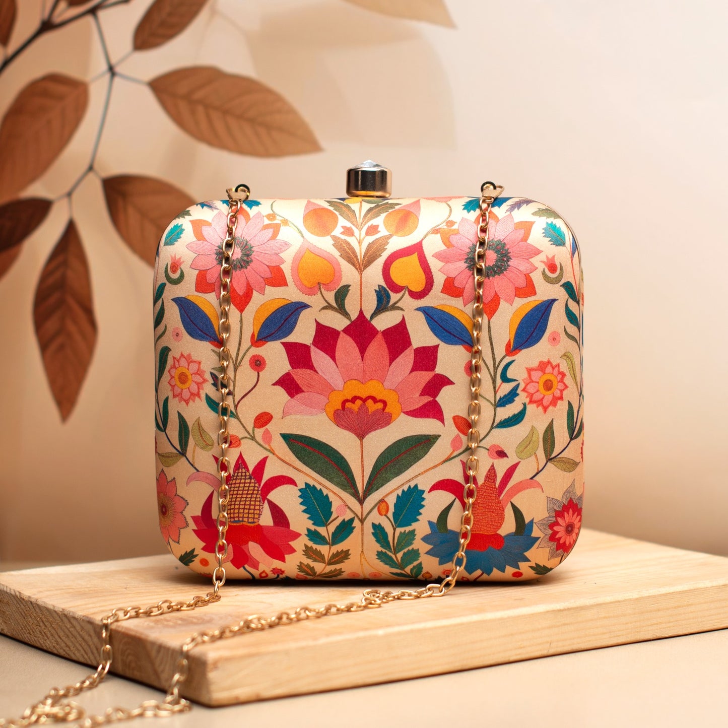 Lotus printed fabric square clutch with push button