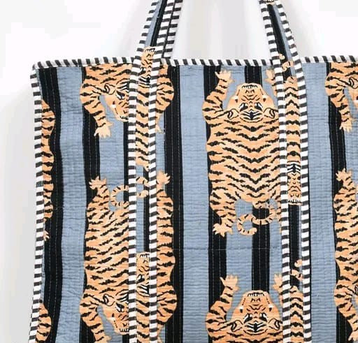Grey black jungle safari print handmade quilted tote bag