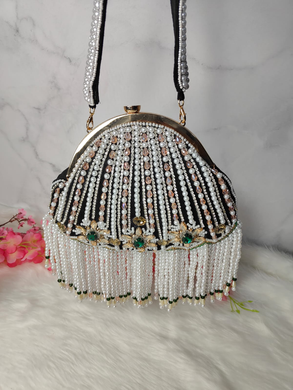 Designer pearl tassel half frame clutch potli