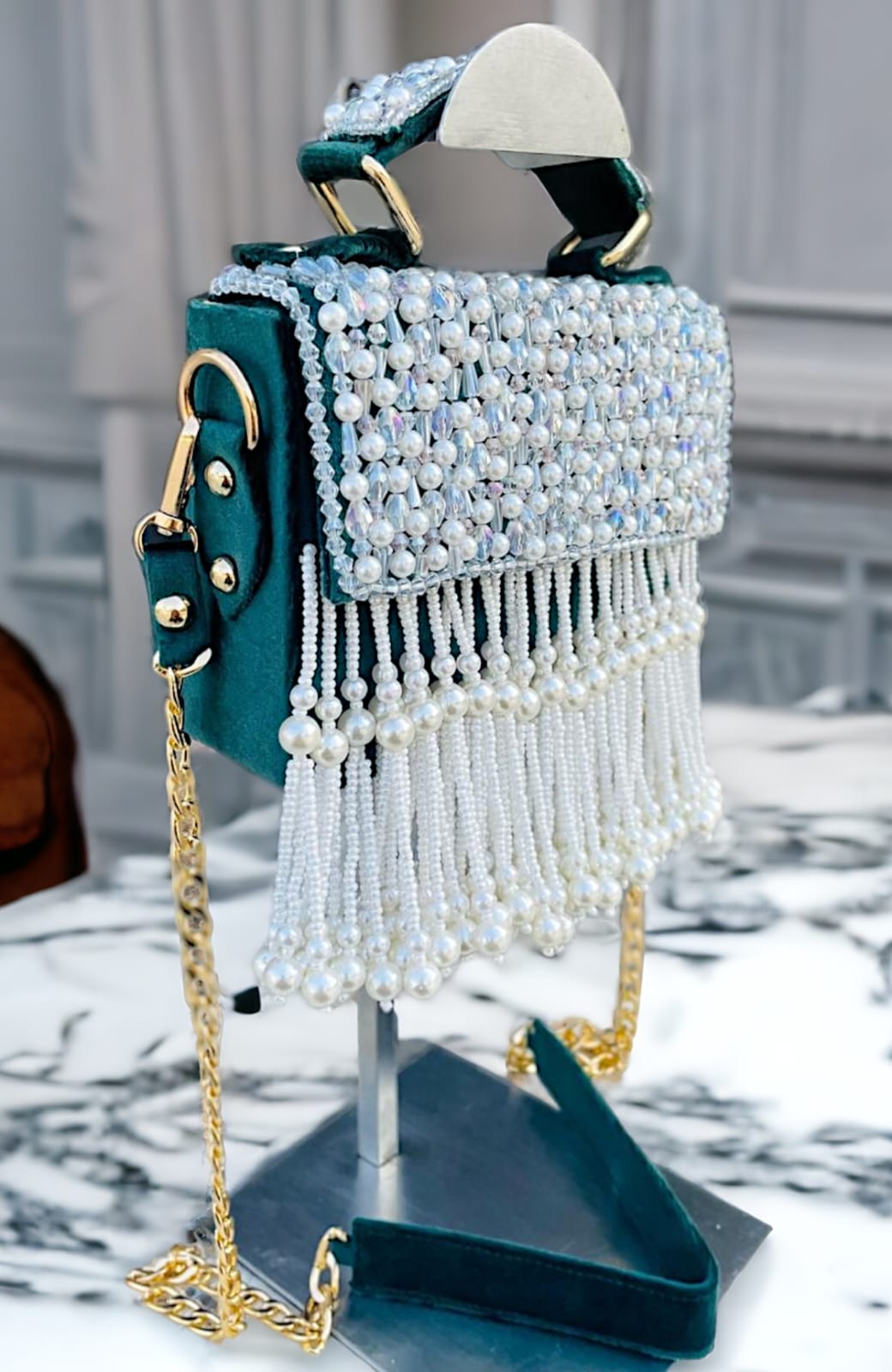 Celebrity edition crystal and pearl work flap clutch
