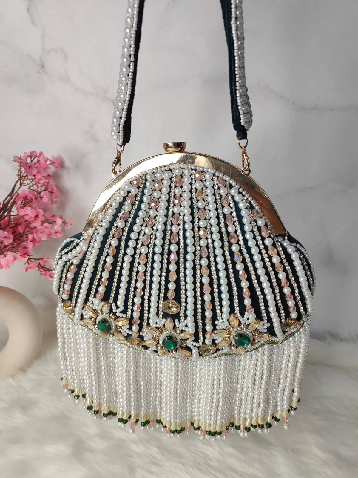 Designer pearl tassel half frame clutch potli