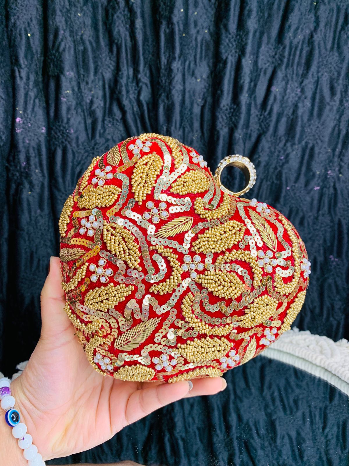 Heart shape custom name clutch with golden embroidery