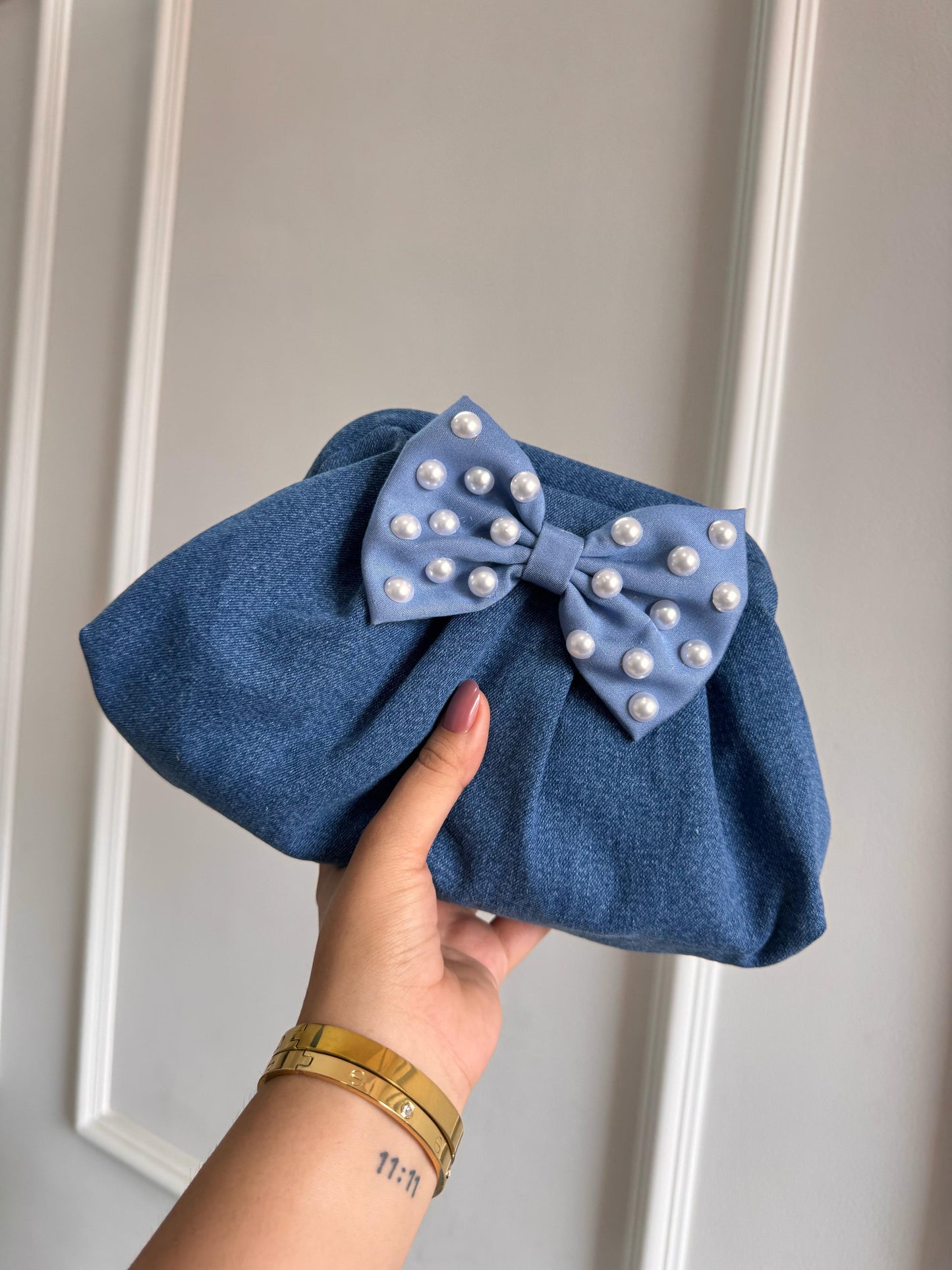 Denim cloud clutch bag with BOW