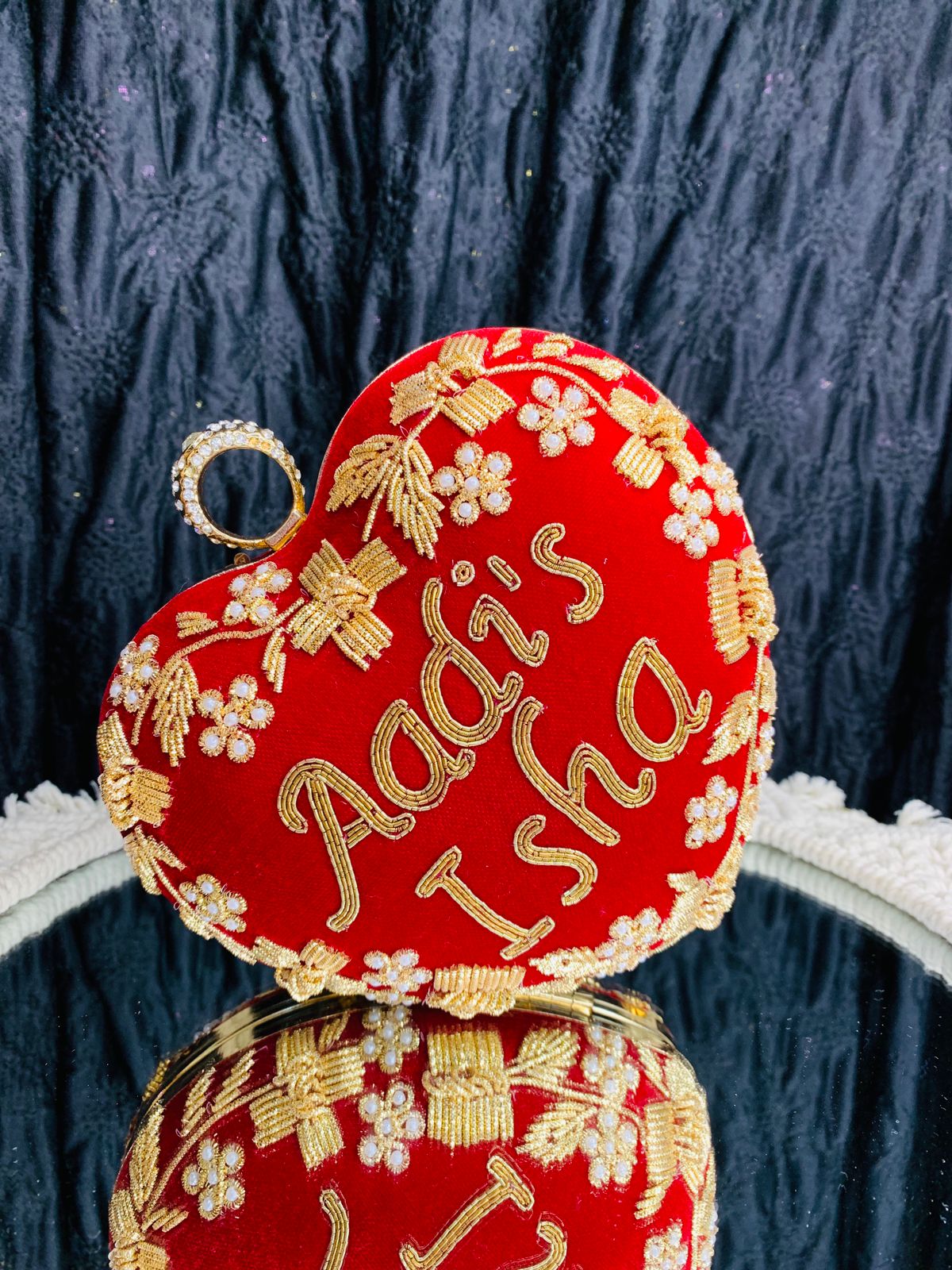 Heart shape custom name clutch with golden embroidery