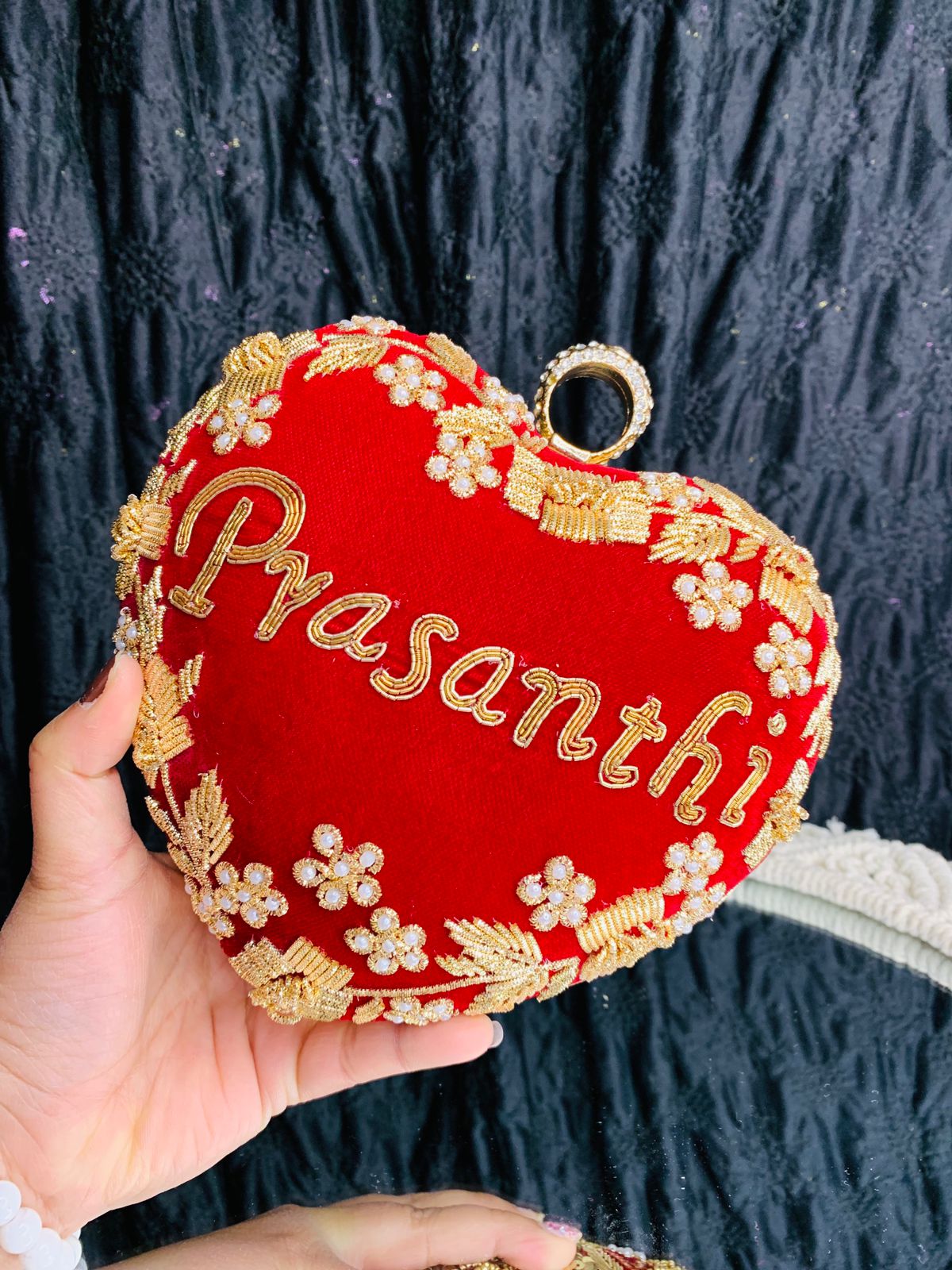 Heart shape custom name clutch with golden embroidery