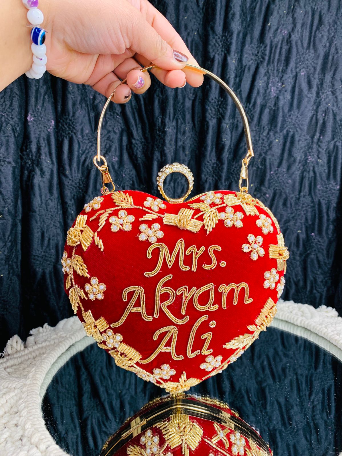 Heart shape custom name clutch with golden embroidery