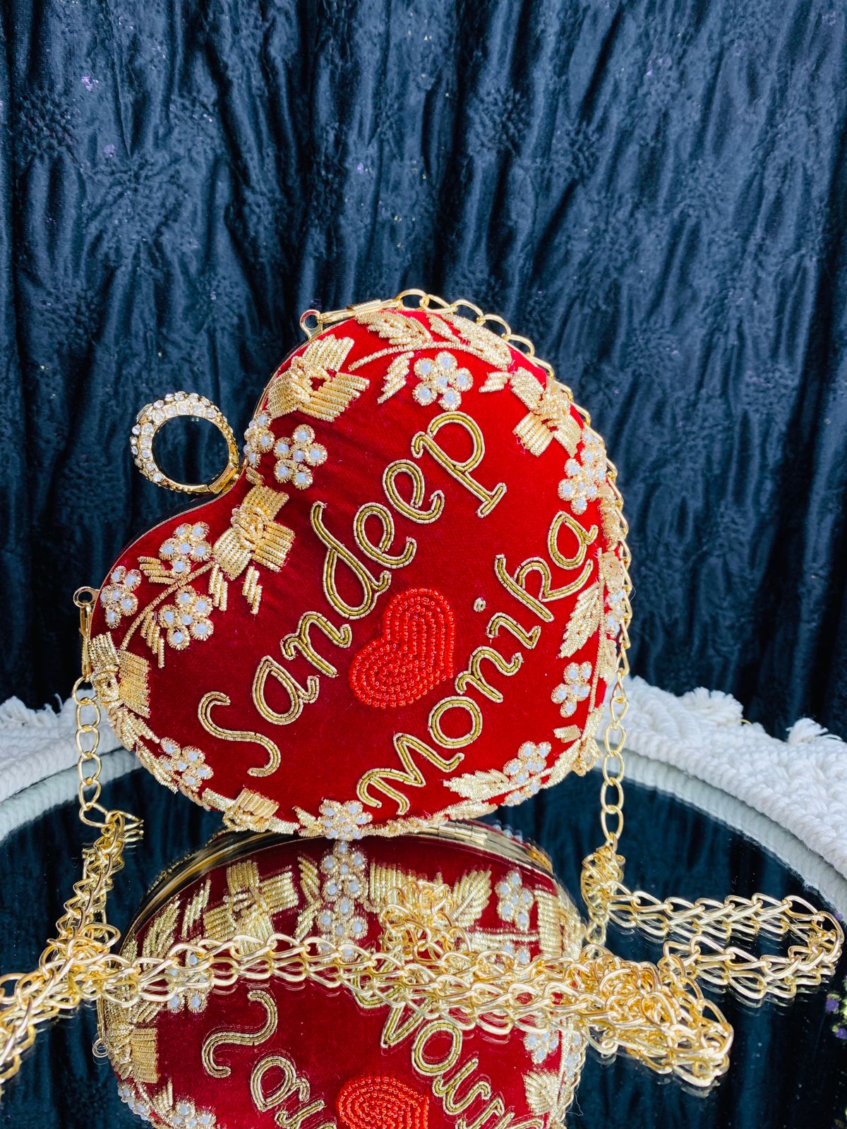 Heart shape custom name clutch with golden embroidery