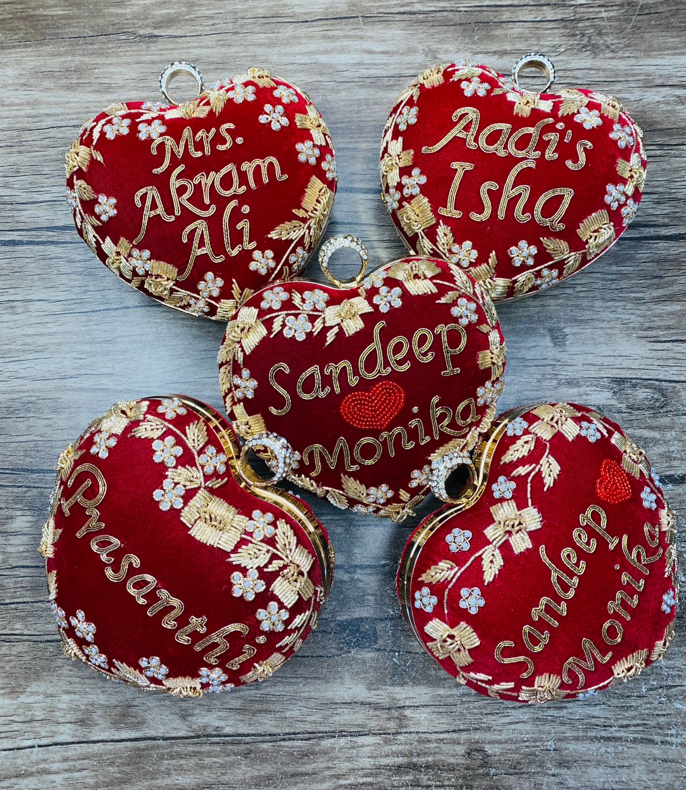 Heart shape custom name clutch with golden embroidery