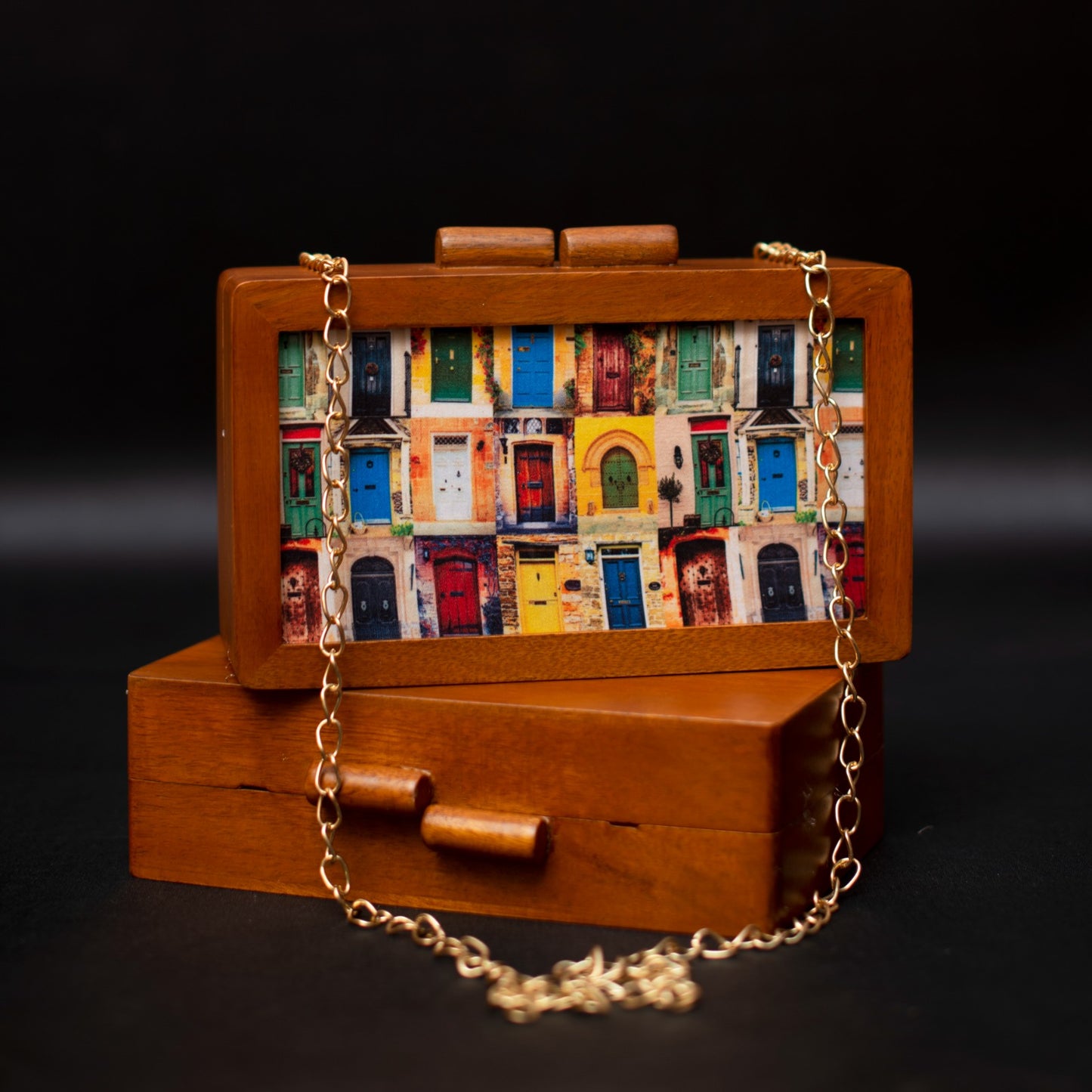Doors printed multicolor wooden clutch
