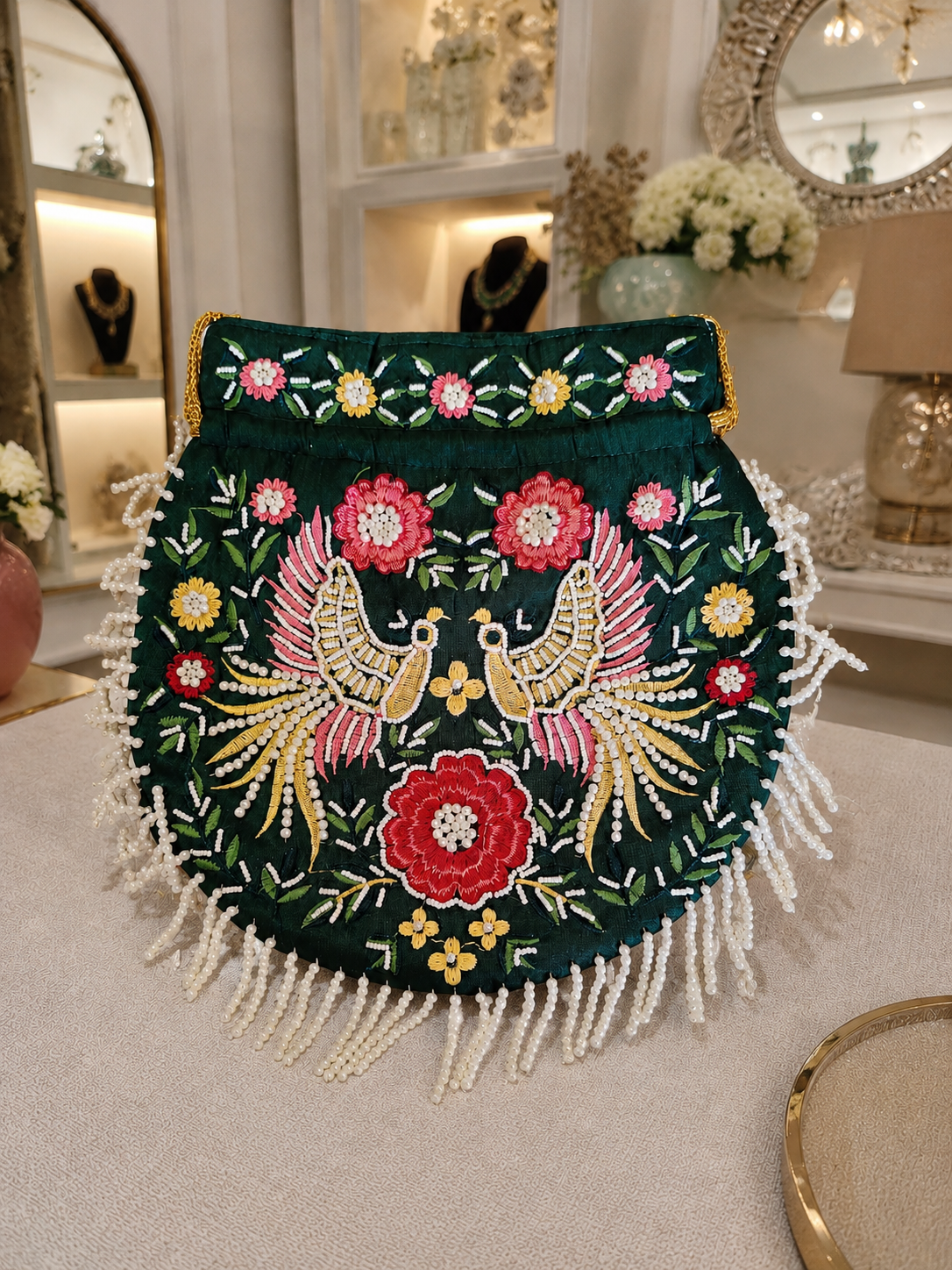 Hand embroidered bird work potli bag - Green