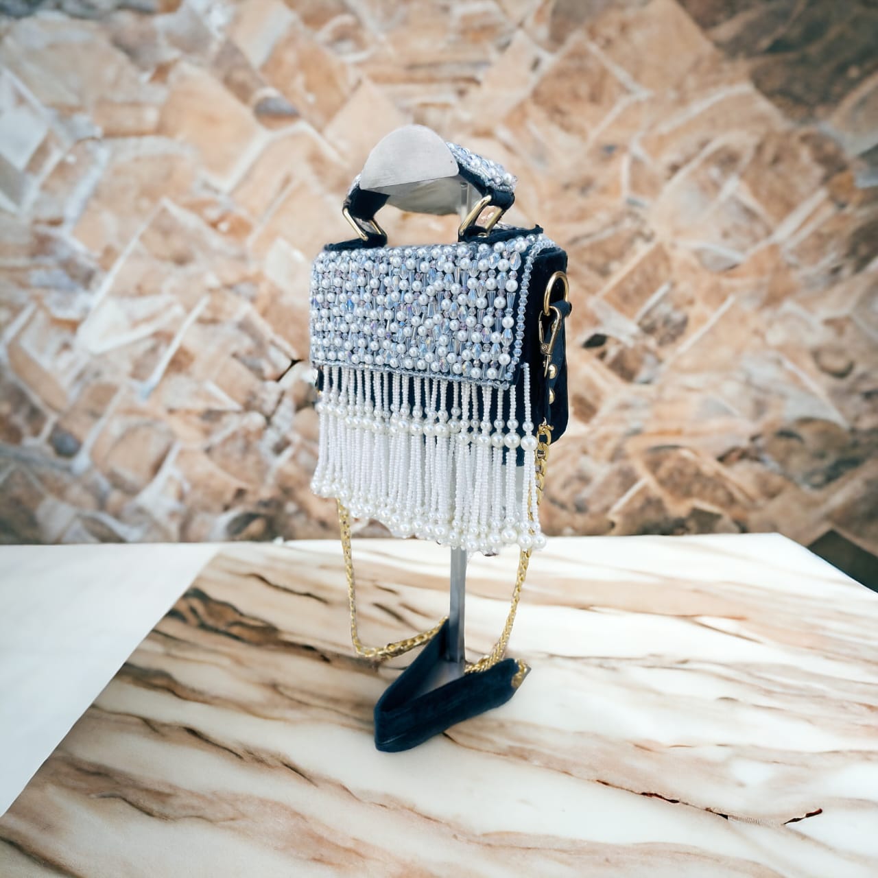 Celebrity edition crystal and pearl work flap clutch