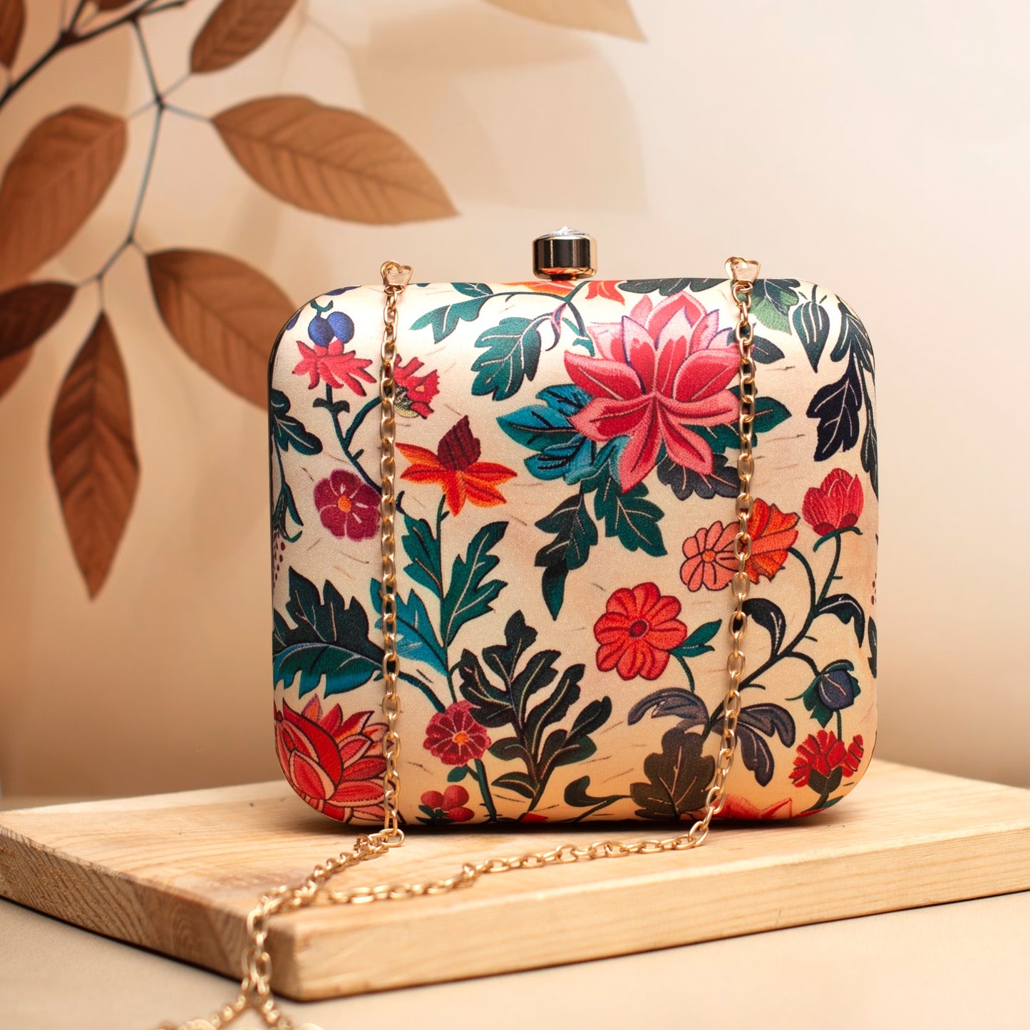 Floral beige printed fabric square clutch