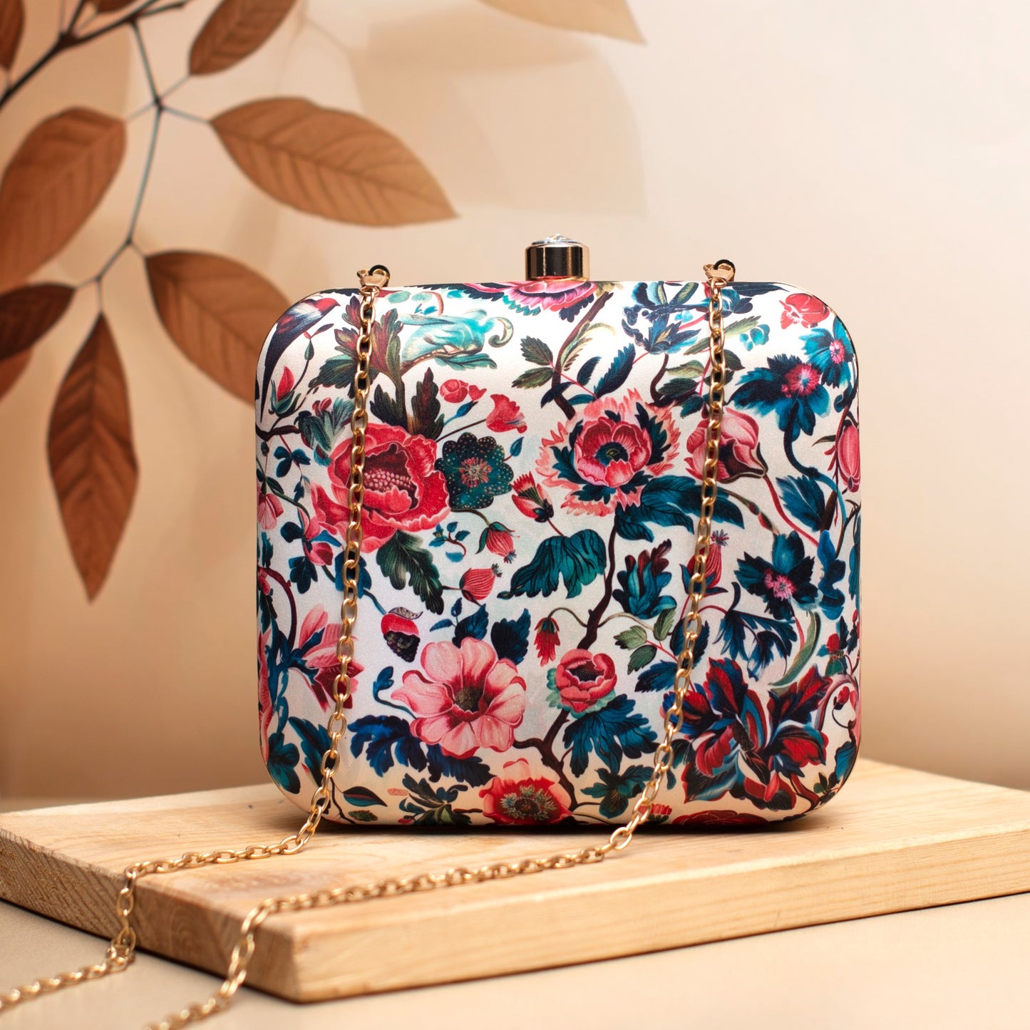 Floral white printed fabric square clutch