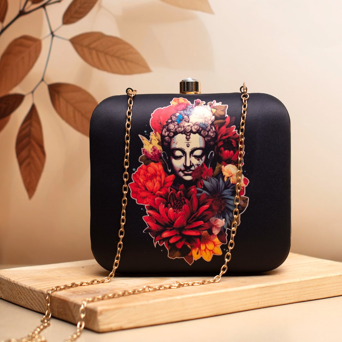 Floral girl printed fabric square black clutch