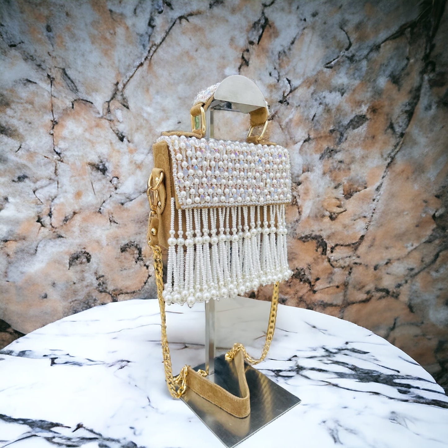 Celebrity edition crystal and pearl work flap clutch