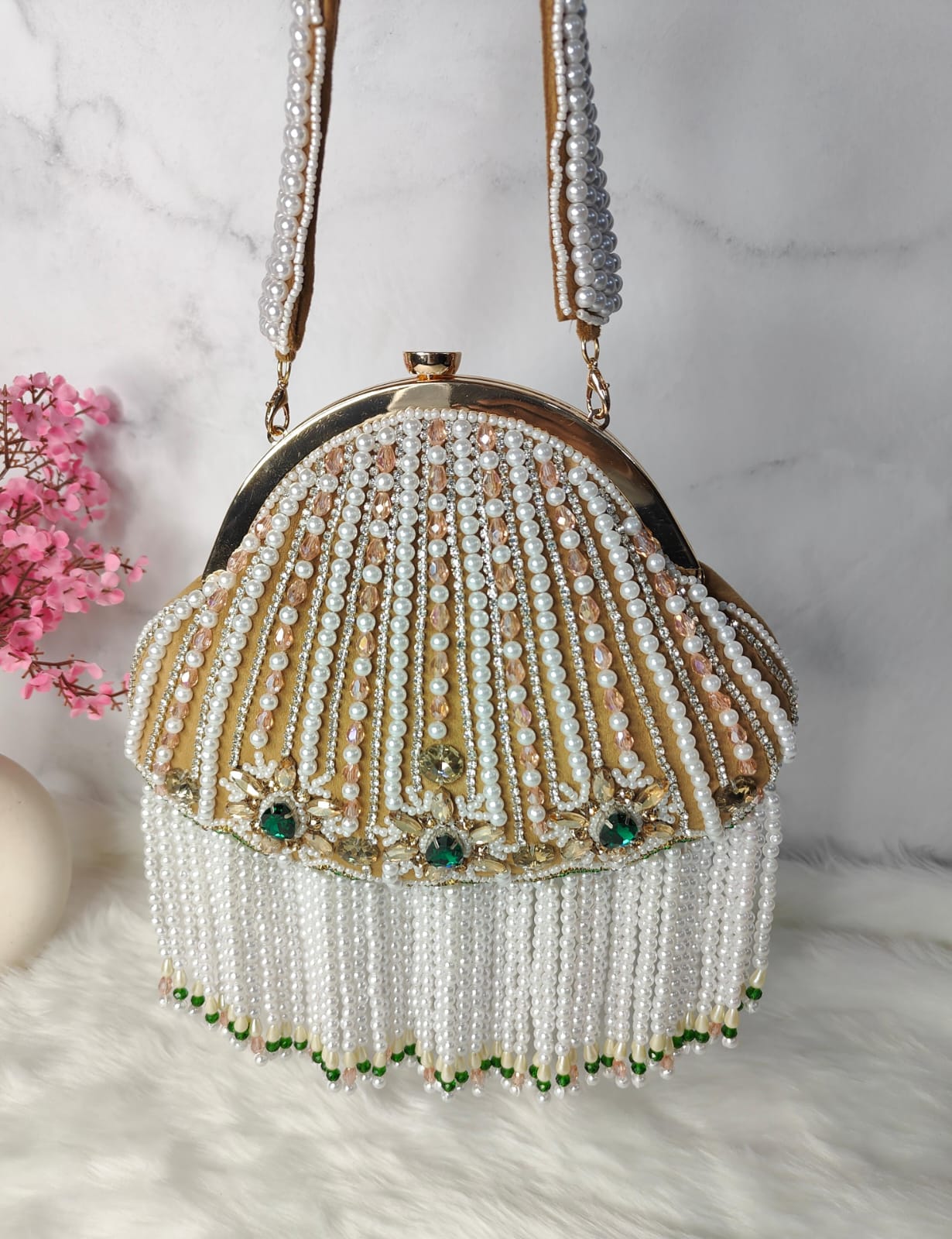 Designer pearl tassel half frame clutch potli