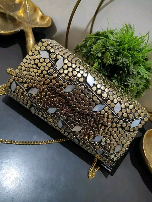 Golden metal clutch with sling