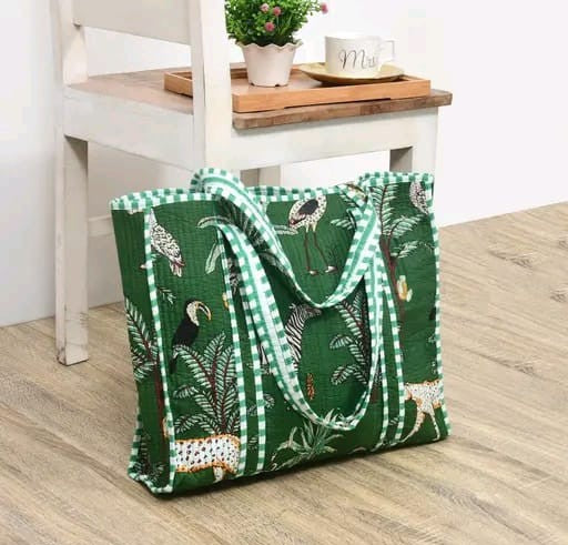 Green jungle print handmade quilted tote bag