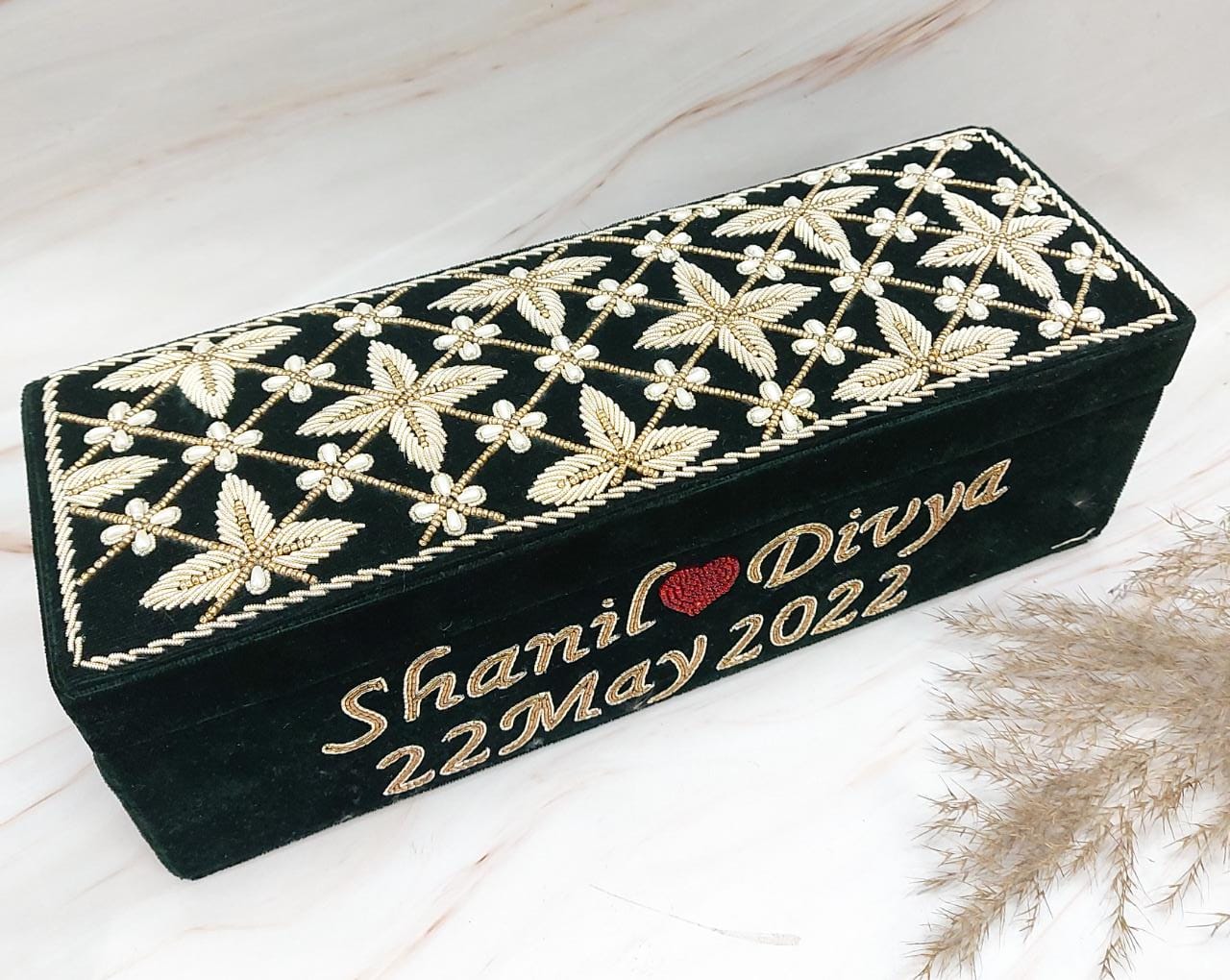 Emerald green single rod bangle box with embroidery work with name