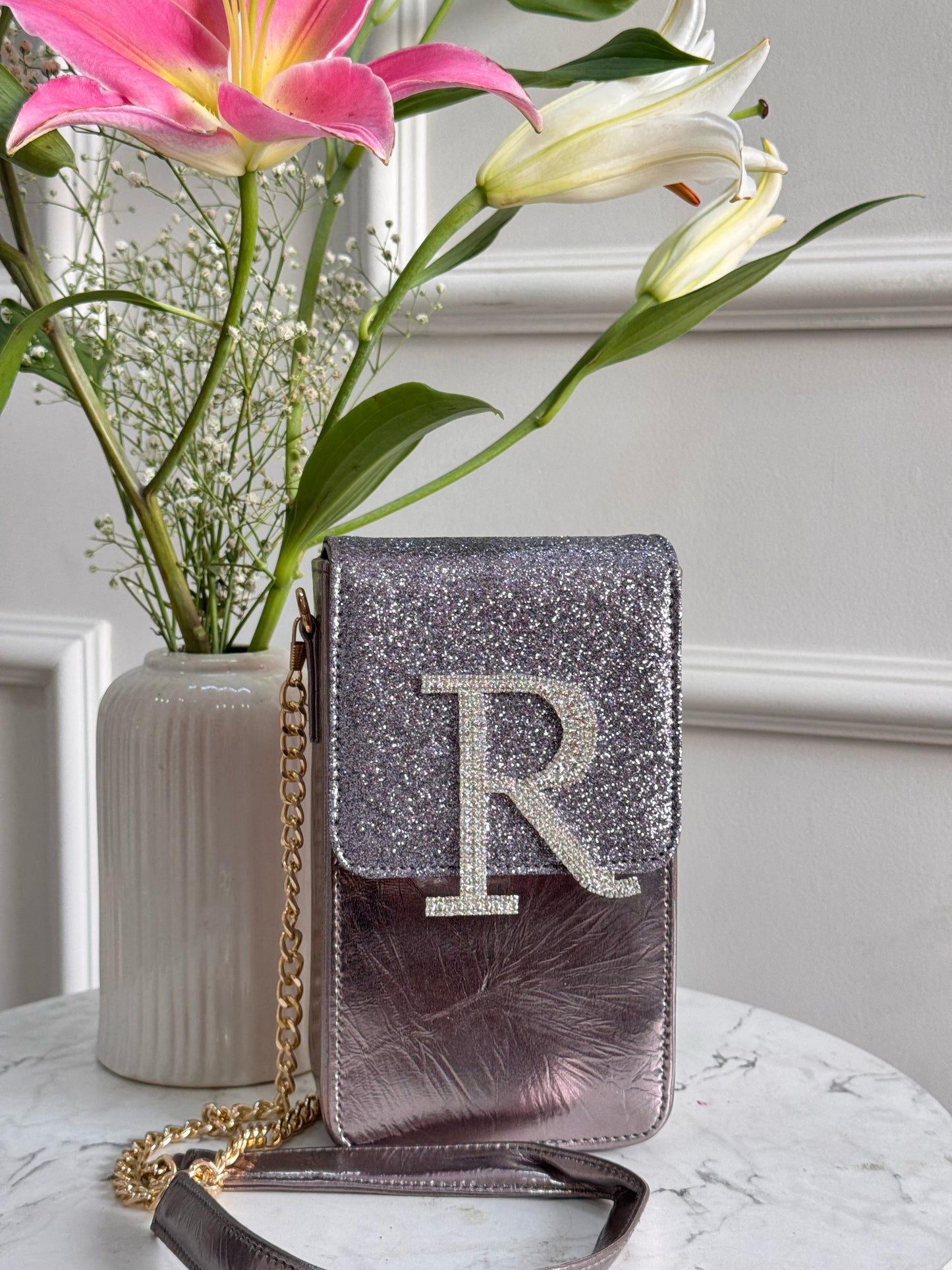 Personalized Glitter Bomb Mobile Slings - Silver