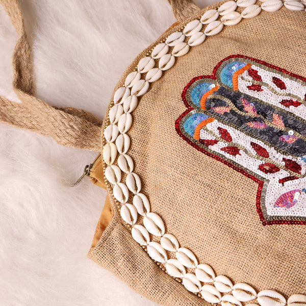 Hamsa Charm Jute Bag – Boho Evil Eye Tote