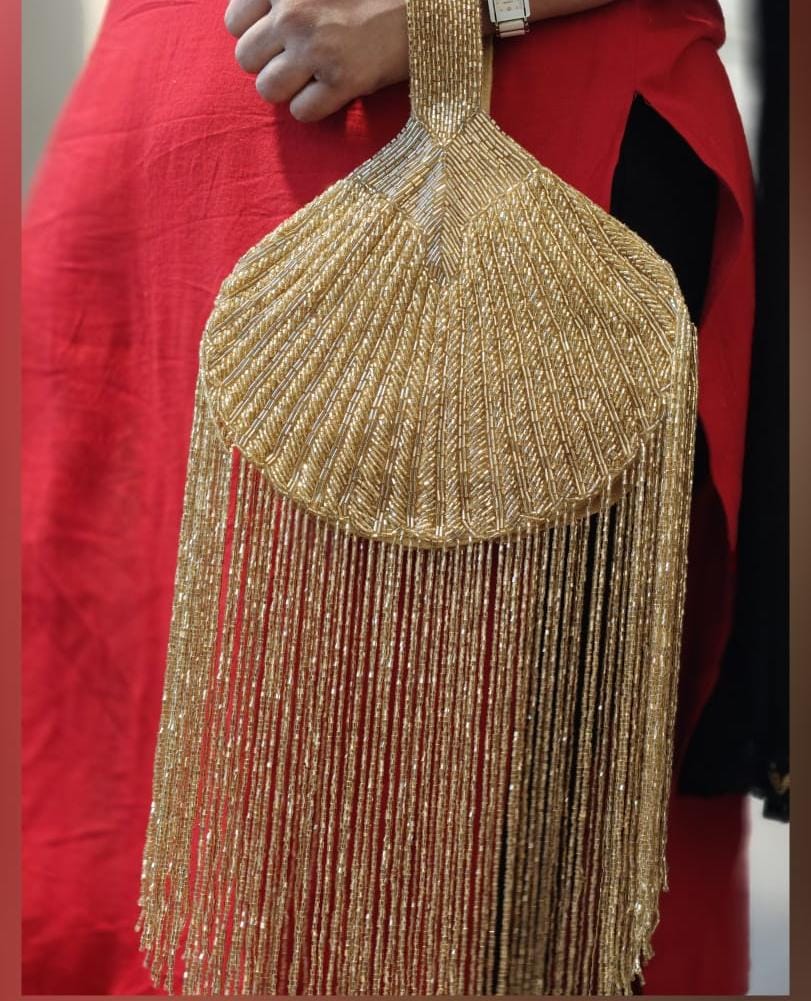 Luxe Handcrafted Beaded Fringe Fan Clutch