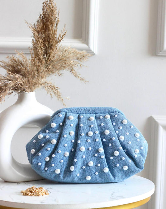 Denim CLOUD bag with pearl work - Light Blue