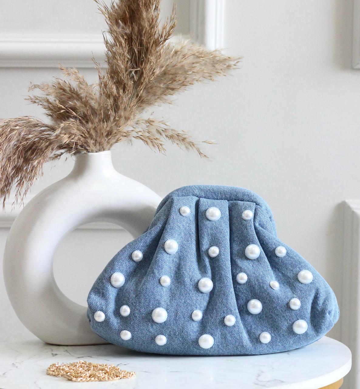Denim CLOUD bag with pearl work - Light Blue