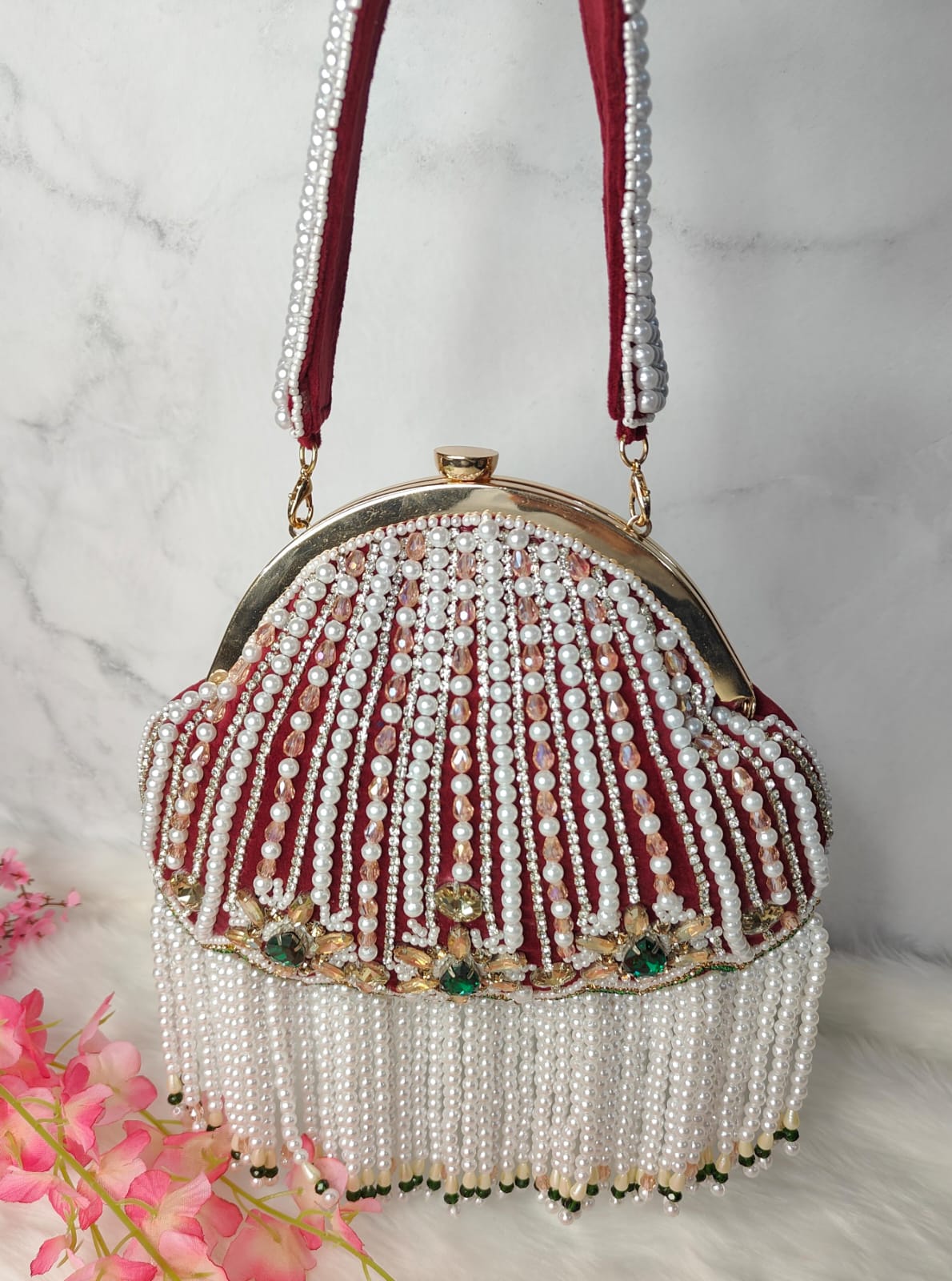 Designer pearl tassel half frame clutch potli