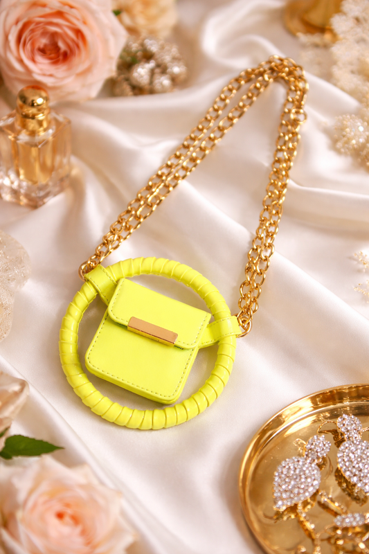 Neon yellow mini purse micro Halo Sling with golden chain