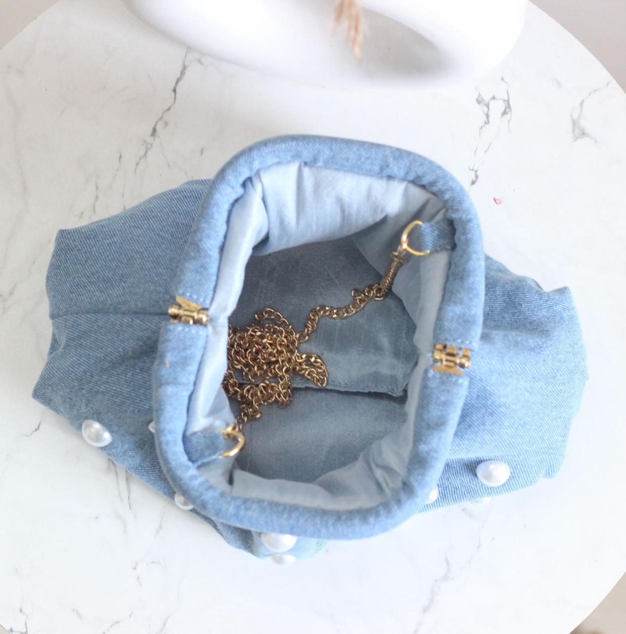 Denim CLOUD bag with pearl work - Light Blue
