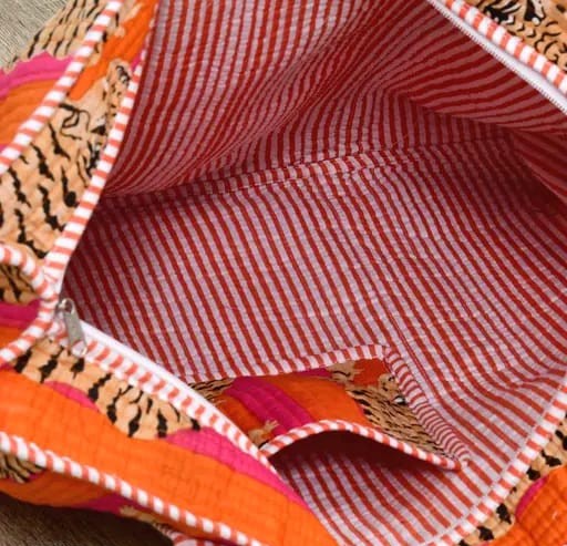 Orange tiger animal print handmade quilted tote bag