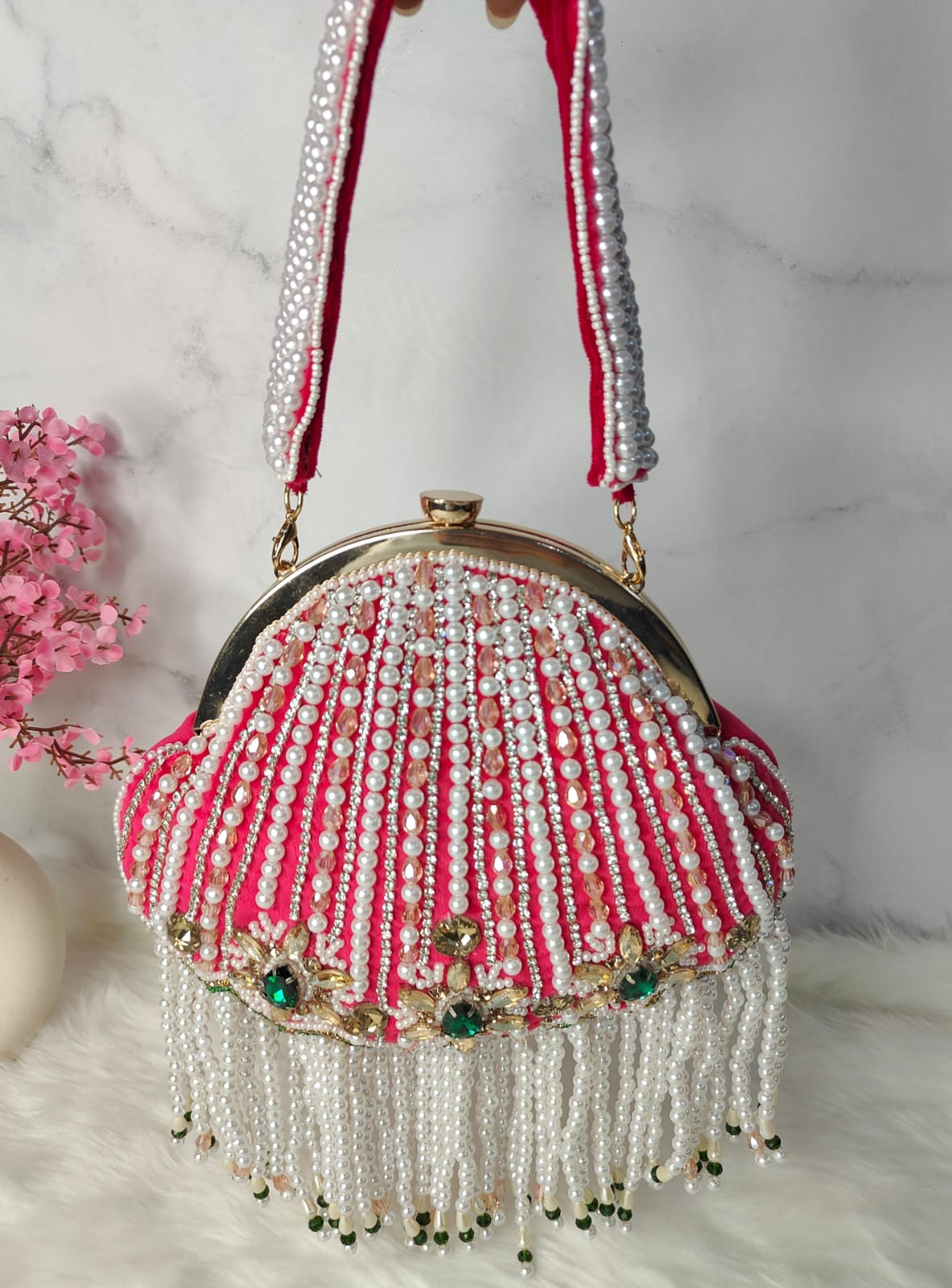Designer pearl tassel half frame clutch potli