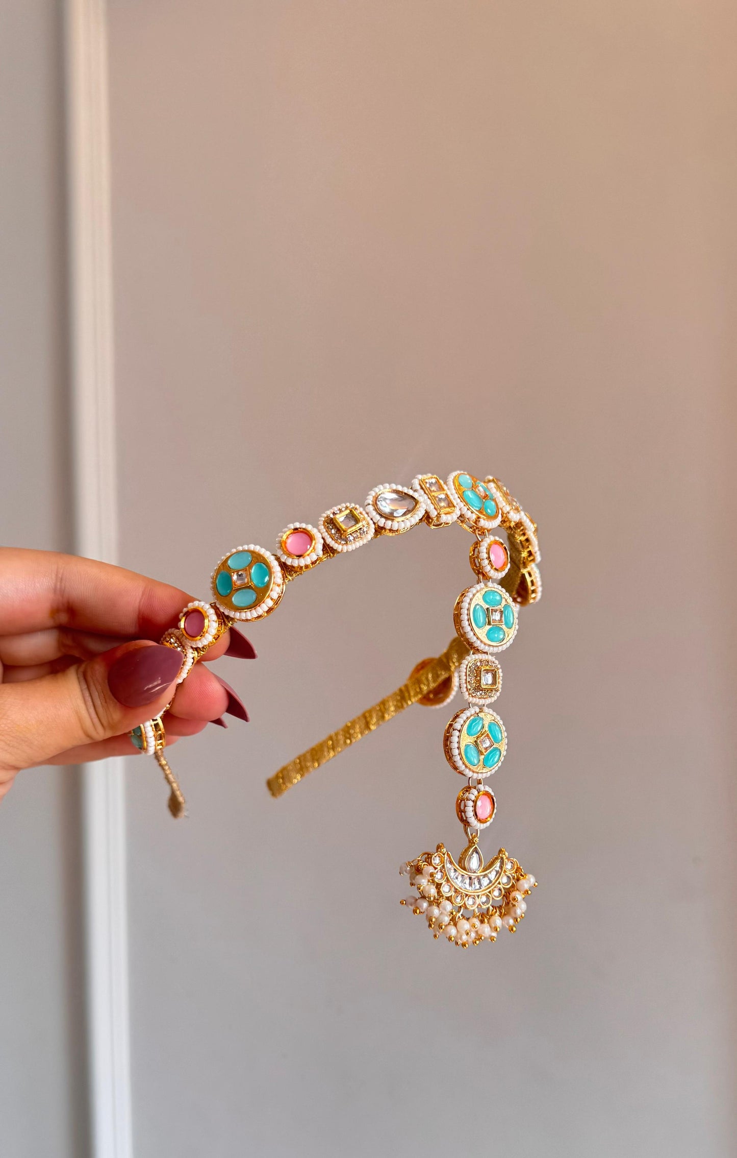 Pink blue kundan headband with maang teeka