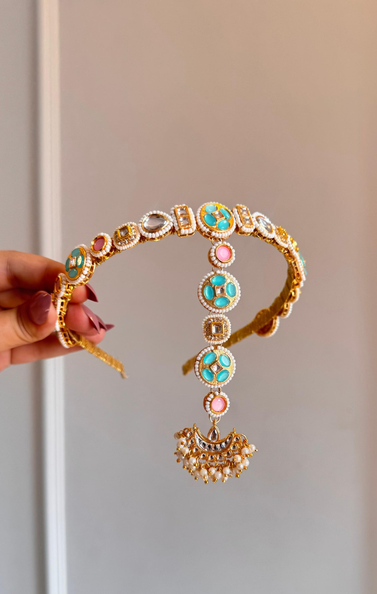 Pink blue kundan headband with maang teeka