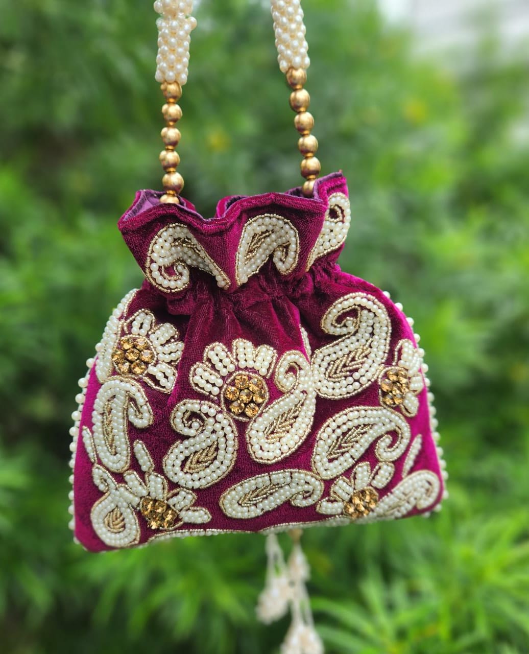 Hand embroidered pearl work potli bag - Purple