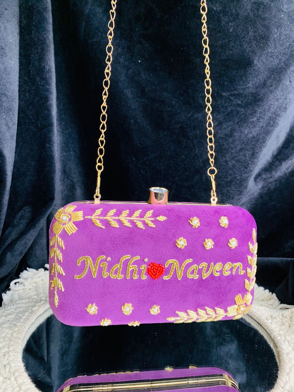 Custom name clutch with golden embroidery - Purple