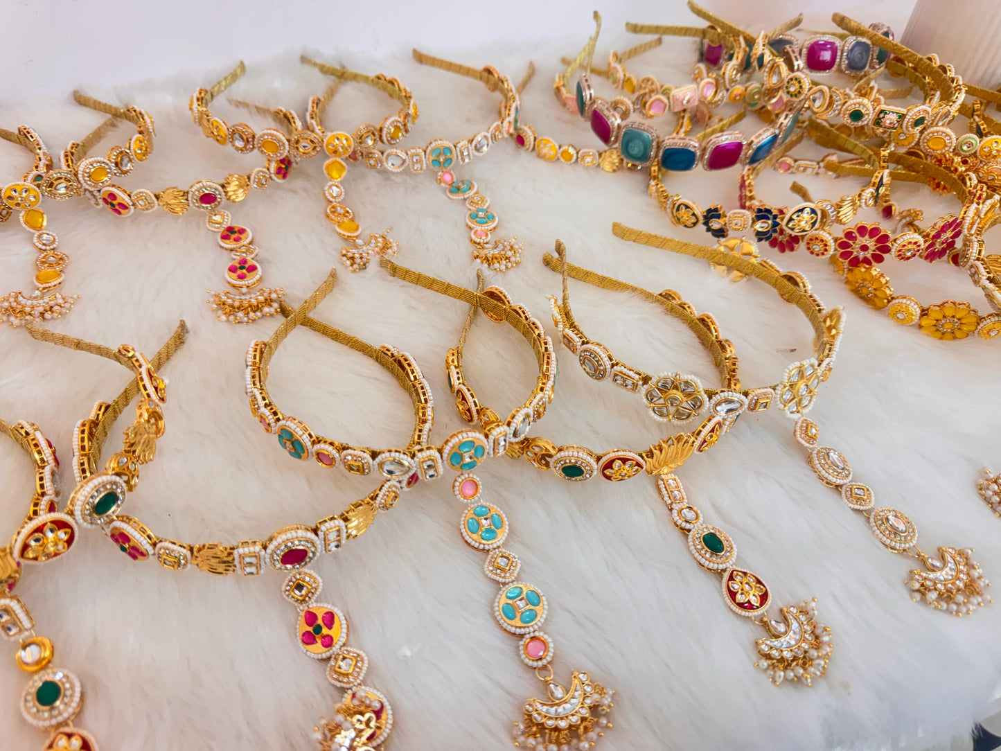 Yellow green kundan headband with maang teeka