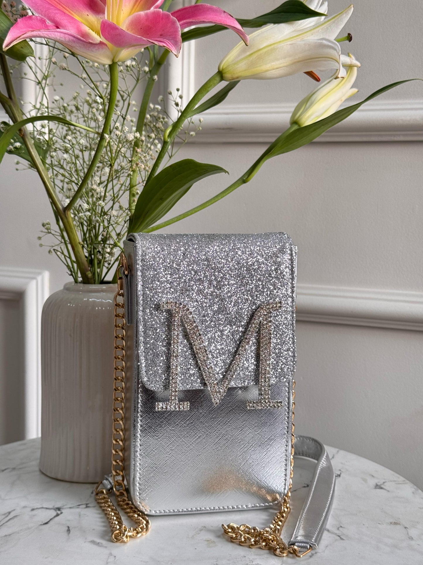 Personalized Glitter Bomb Mobile Slings - Silver