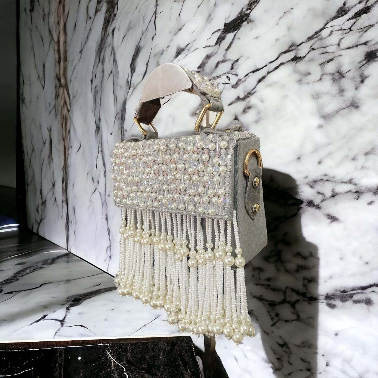 Celebrity edition crystal and pearl work flap clutch