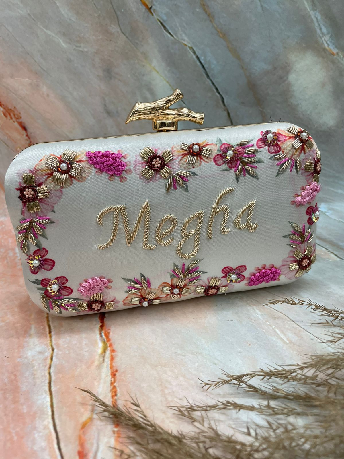 Designer white printed embroidery customised clutch with branch knob
