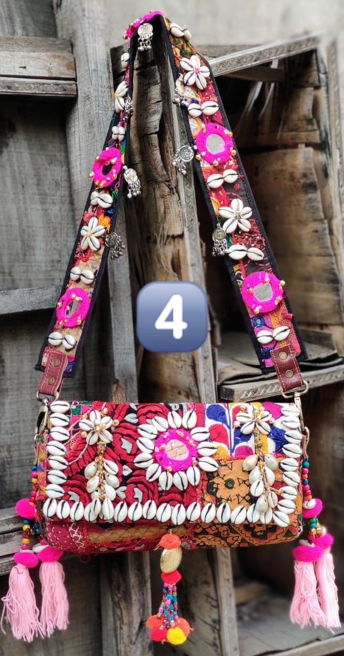 Assorted afghani patch work bag with real shell & mirror work LIGHT PINK tassels