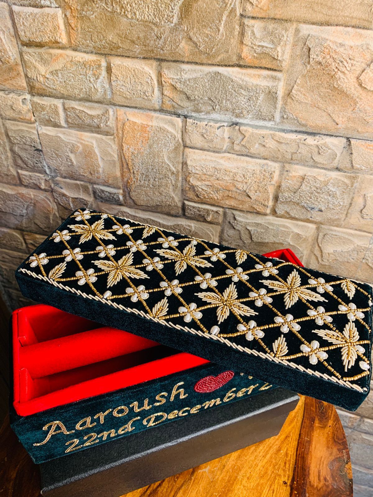 Emerald green single rod bangle box with embroidery work with name