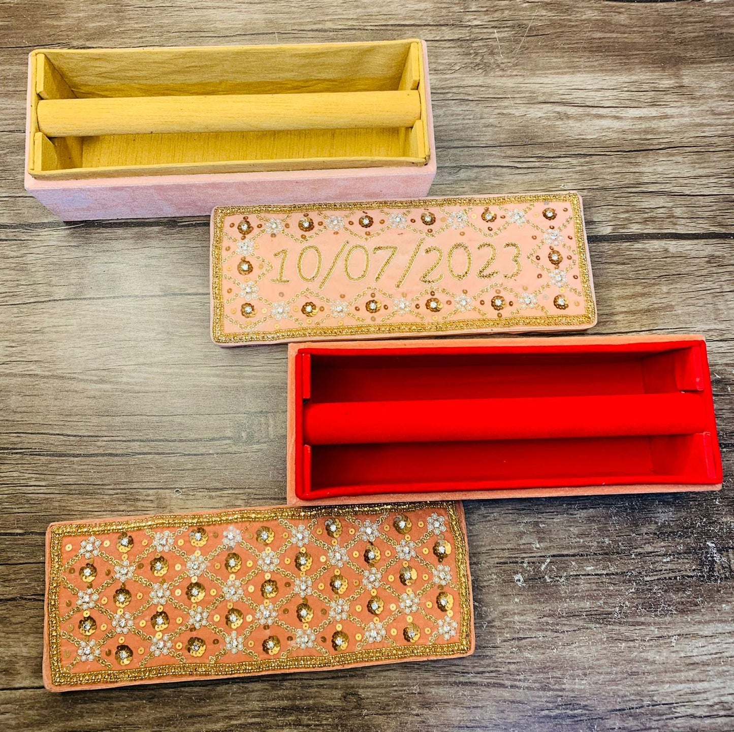Peach single rod bangle box with embroidery work with name