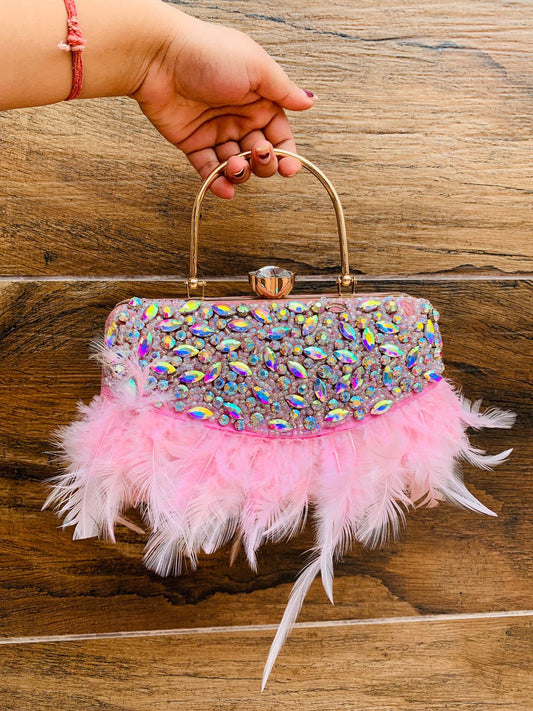 Feather work clutch with golden handle