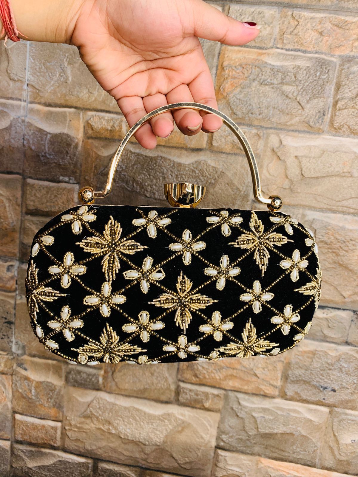 Oval embroidered clutch with golden handle & bead work